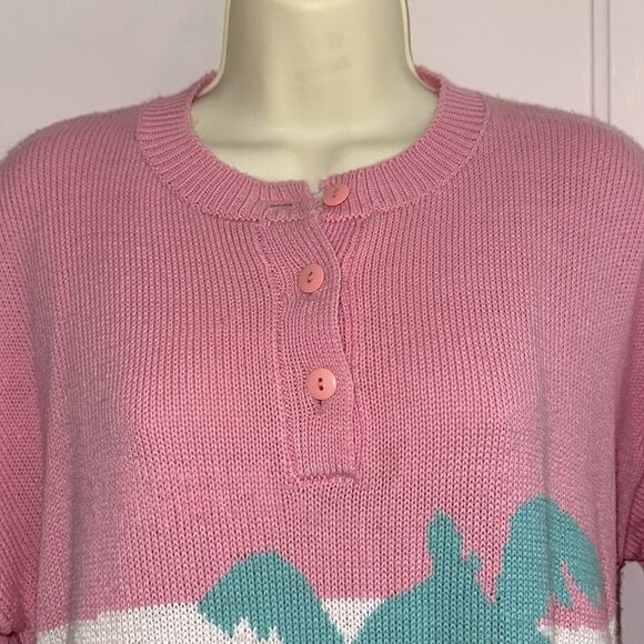 Vintage 80s/90s Catalina Pink Knit Short Sleeve Long Sweater with Beach Scene - Picture 2 of 8